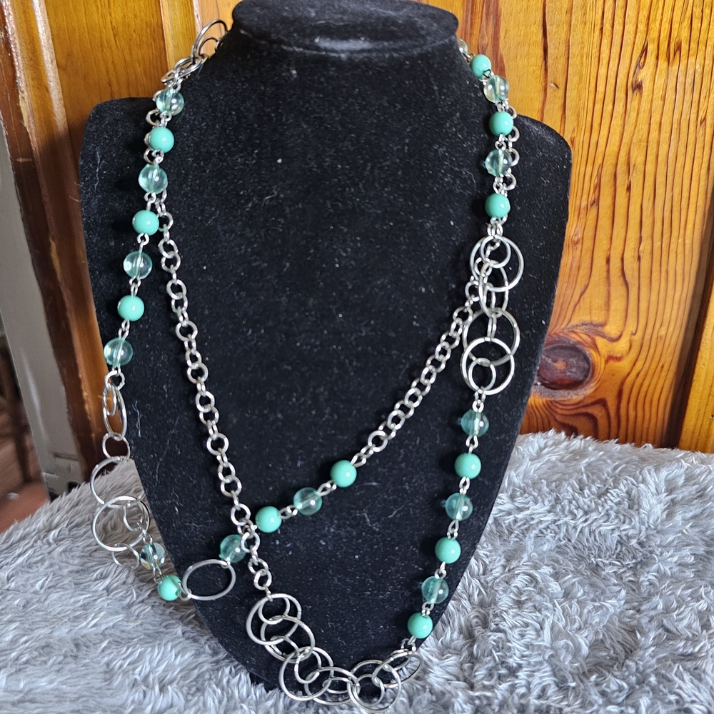 Turquoise Bead and Silver-Link Necklace